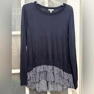 NEW! Susina Blue Long Sleeve Sweater with Striped Ruffle Hem Size Large